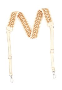 Cinghia in tessuto color crema regolabile con motivi a rete dorati. Include fermagli metallici e dettagli in pelle alle estremità.