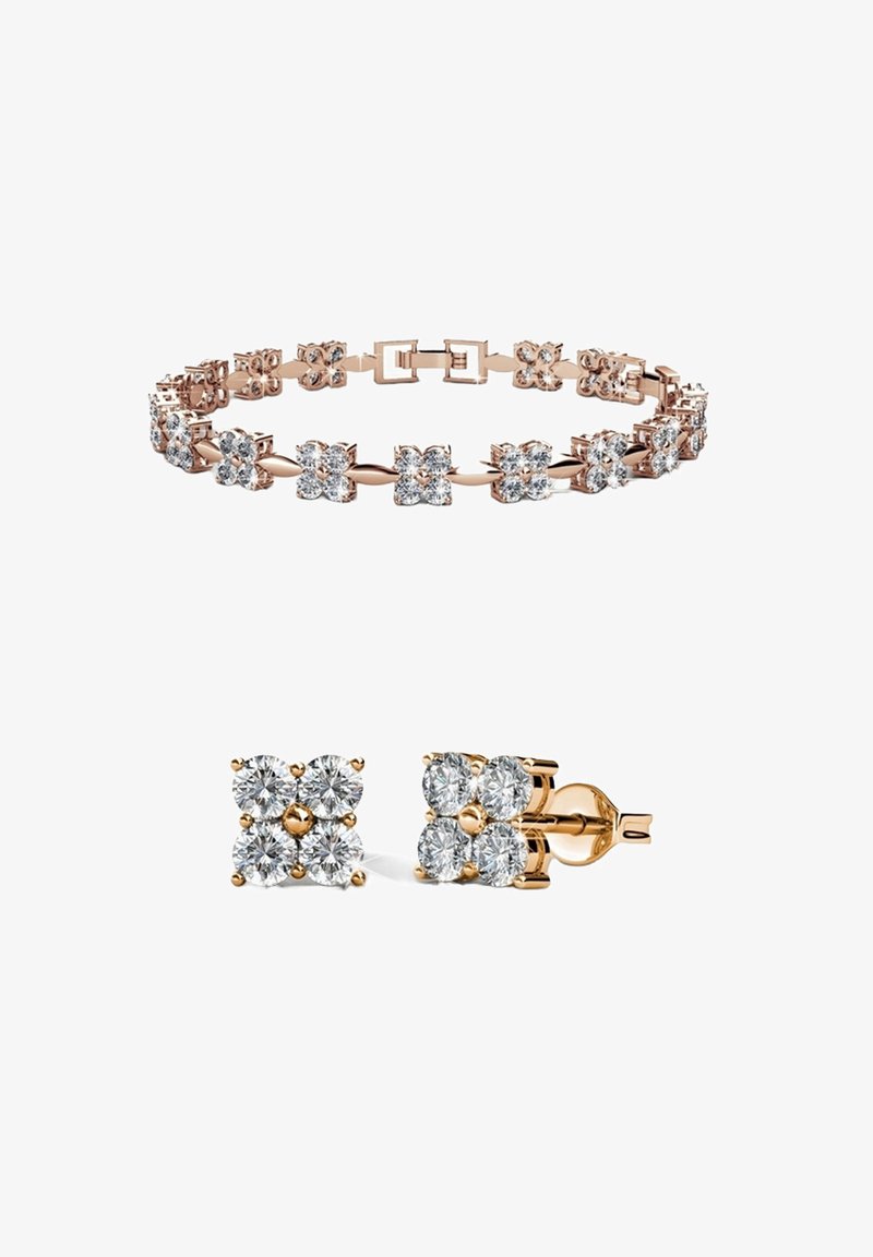 Armband und Ohrstecker-Set aus Roségold, die jeweils aus Clustern von vier runden Diamanten bestehen, die in einem quadratischen Blumenmuster angeordnet sind.