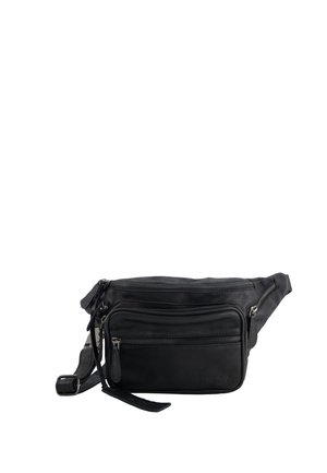 Sort lædermave taske med flere lynlåslommer og justerbar rem, designet til hænder-fri bæring.