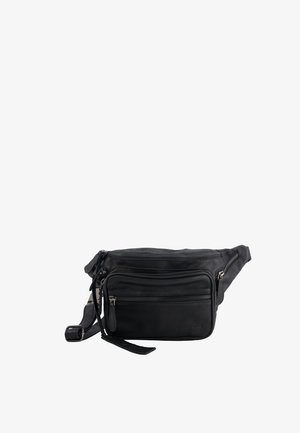 Sac banane en cuir noir avec plusieurs compartiments zippés et sangle ajustable, conçu pour un transport mains libres.