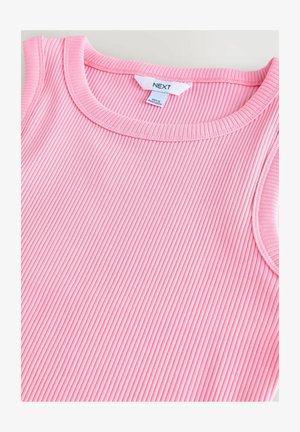 Heledad roosa ribatud tank top ümara kaelusega, millel on pehme tekstuur ja sujuvad ääred, mille sildil on sees kirjas "NEXT".