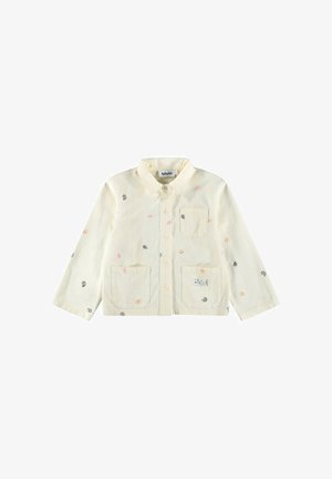 Crèmekleurig shirt met lange mouwen en een kraag, voorzien van meerkleurige bladeren- en schelpmotieven en twee zakken aan de voorkant. Merklabel zichtbaar.