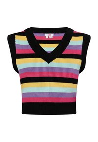 Ujjatlan kötött crop top fekete V-nyakkal és vízszintes csíkokkal rózsaszín, sárga, levendula, világoskék és fekete színben.