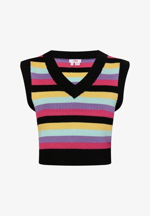 Top scurt tricotat fără mâneci, cu decolteu în V negru și dungi orizontale în roz, galben, lavandă, albastru deschis și negru.