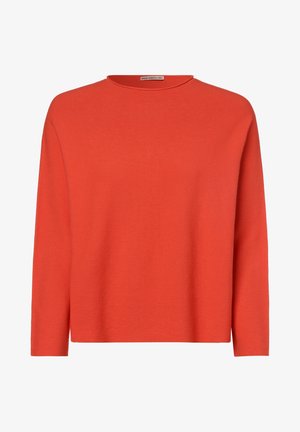 Pletený svetr v jasně oranžové barvě s kulatým výstřihem, dlouhými rukávy a volným střihem, s texturovaným ribovaným vzorem.