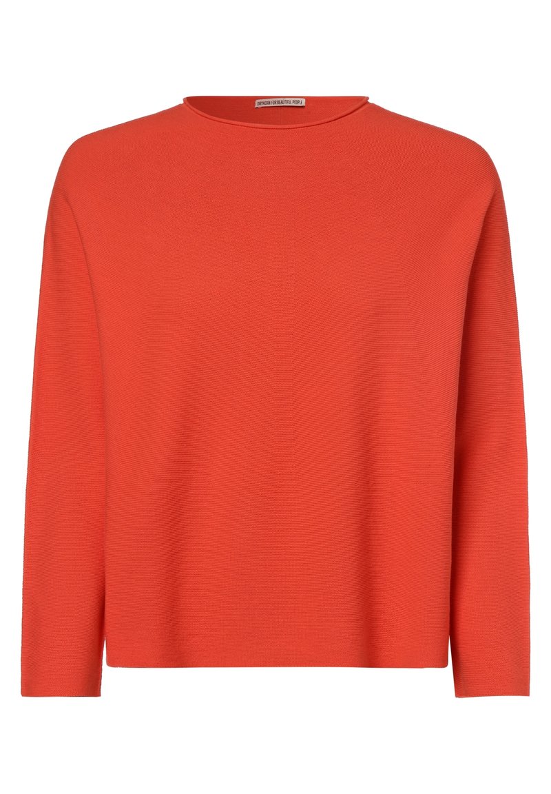 Sweter dzianinowy w jaskrawym pomarańczowym kolorze z okrągłym dekoltem, długim rękawem i luźnym krojem, z teksturowanym, prążkowanym wzorem.