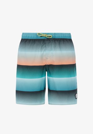 Gestreepte zwembroek in de kleuren teal, zwart en perzik, met een gestructureerd ontwerp. Elastische tailleband met een gele trekkoord. Klein logo-embleem.