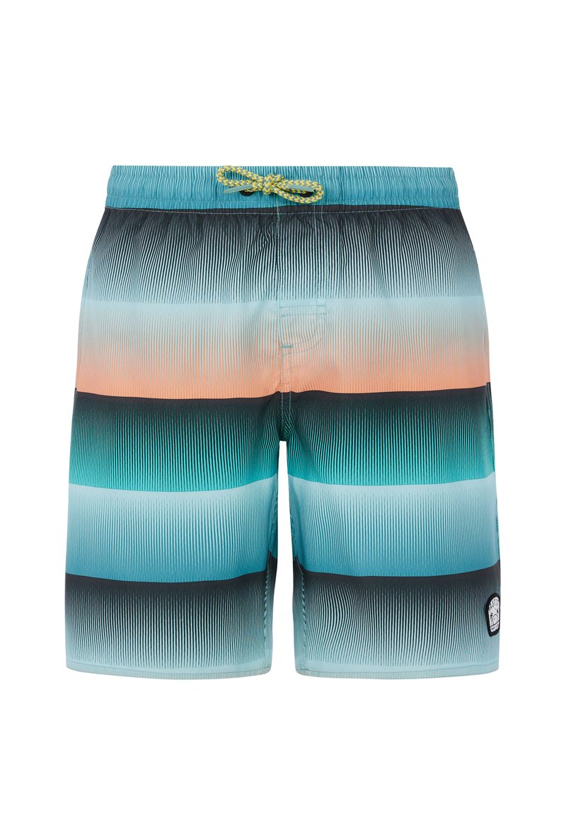 Gestreepte zwembroek in de kleuren teal, zwart en perzik, met een gestructureerd ontwerp. Elastische tailleband met een gele trekkoord. Klein logo-embleem.