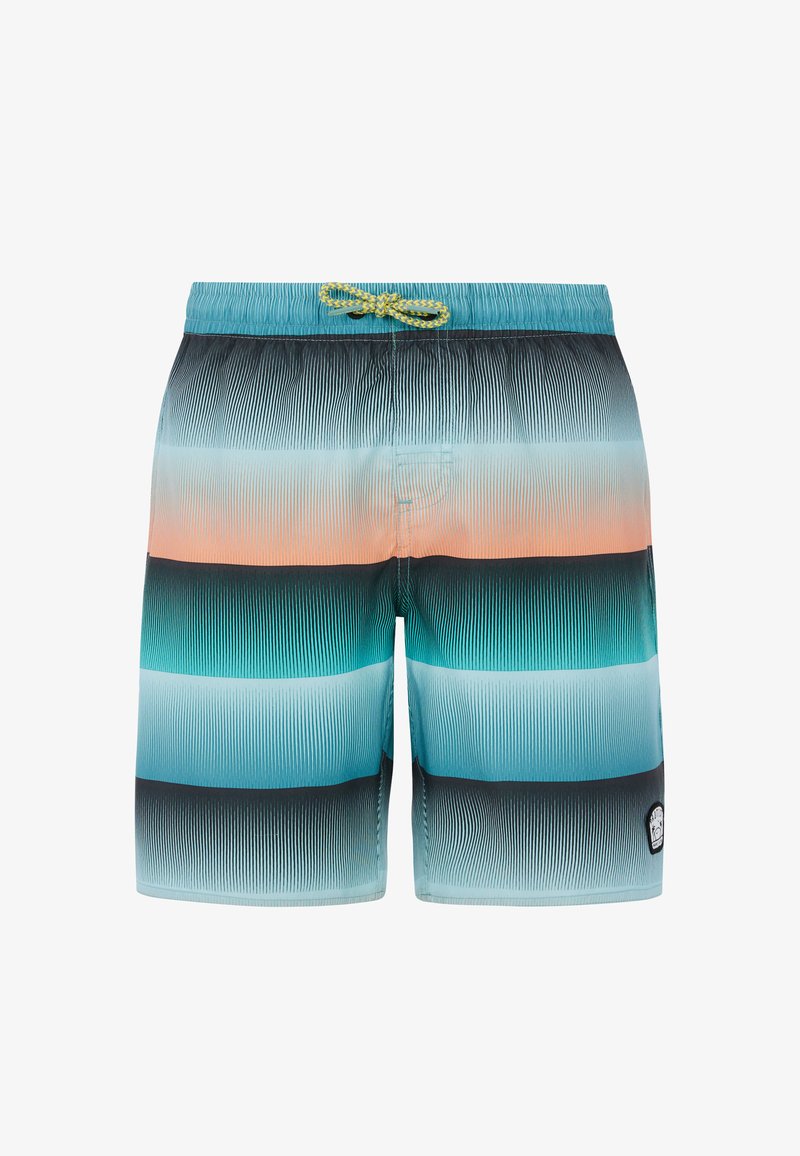 Gestreepte zwembroek in de kleuren teal, zwart en perzik, met een gestructureerd ontwerp. Elastische tailleband met een gele trekkoord. Klein logo-embleem.