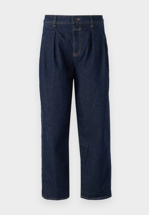 Dunkelblaue Denim-Hose mit hoher Taille, vorn mit Falten und geradem Schnitt. Kontrastnähte und ein einzelner Knopfverschluss.