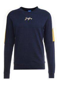 Felpa blu navy realizzata in tessuto morbido, con scollatura tonda, maniche lunghe e strisce gialle e bianche a contrasto sulle maniche. Logo ricamato sul davanti.