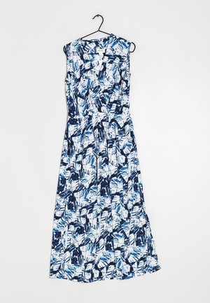 Sukienka bez rękawów w niebiesko-białym abstrakcyjnym wzorze, wykonana z lekkiego materiału. Posiada dekolt w kształcie litery V oraz rozkloszowany dół.