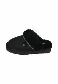Black slipper made of soft suede with a plush faux fur collar, round toe shape, and textured rubber sole for grip.