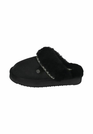 Black slipper made of soft suede with a plush faux fur collar, round toe shape, and textured rubber sole for grip.