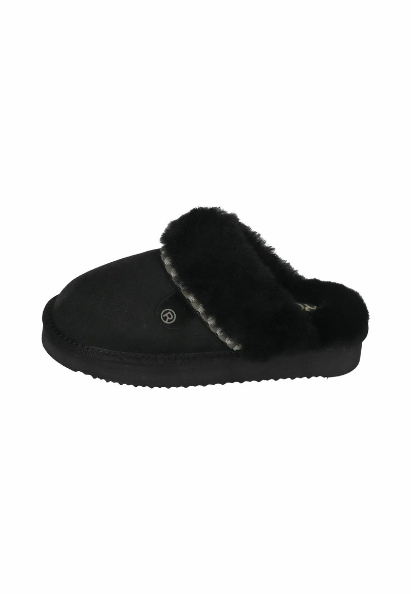 Black slipper made of soft suede with a plush faux fur collar, round toe shape, and textured rubber sole for grip.