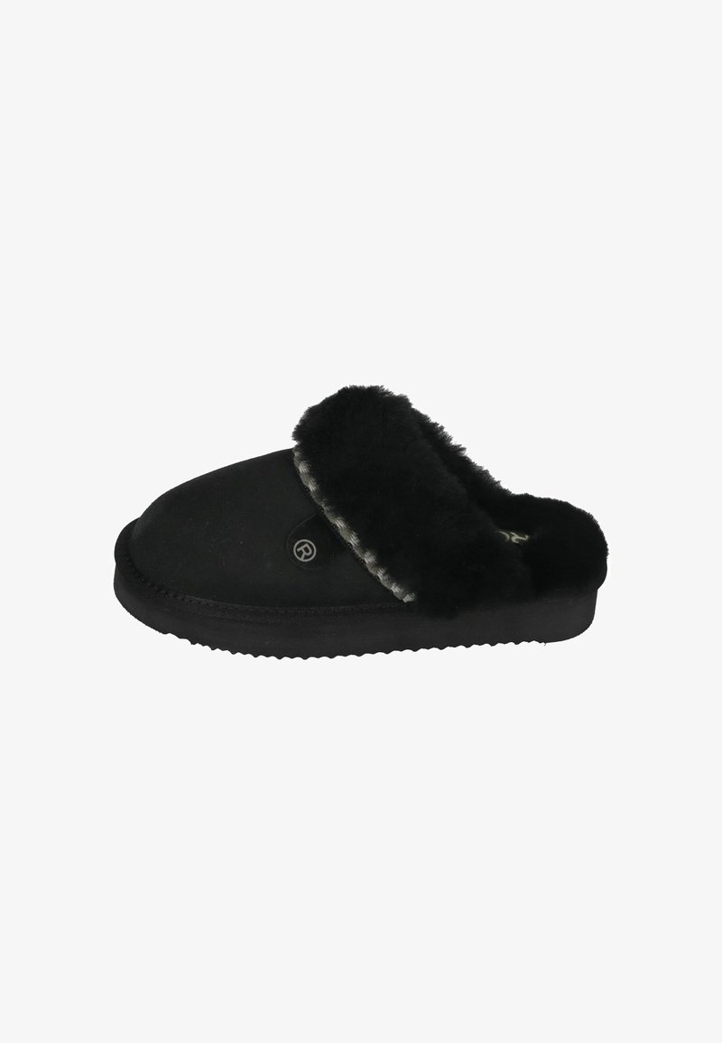 Black slipper made of soft suede with a plush faux fur collar, round toe shape, and textured rubber sole for grip.