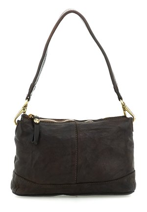 Borsa a tracolla in pelle marrone scuro con cerniera e accessori dorati, tracolla singola e superficie leggermente texturizzata.