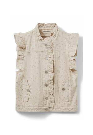 Chaleco de mezclilla beige con mangas con volantes, botones delanteros y dos bolsillos laterales. Presenta un patrón floral y un cuello redondeado.