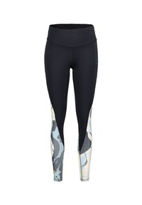 Leggings neri con un alto punto vita. I pannelli laterali presentano un motivo floreale in blu, grigio e crema. Tessuto elasticizzato e liscio.