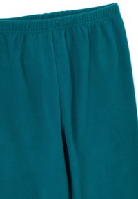 Pantalones de forro polar en color verde azulado con una textura suave, que cuentan con una cintura elástica y un corte relajado. Sin costuras ni patrones visibles.