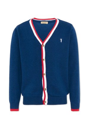 Granatowy kardigan z czerwonym i białym obszyciem na linii guzików i kołnierzu, drewniane guziki, prążkowane mankiety z czerwonym brzegiem oraz małe białe logo na piersi.