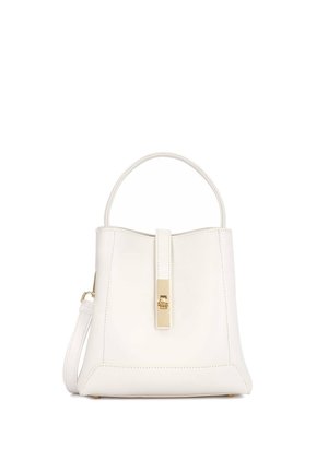 White leather handbag with a structured shape, featuring a flat top handle, detachable shoulder strap, and a gold hardware clasp detail.