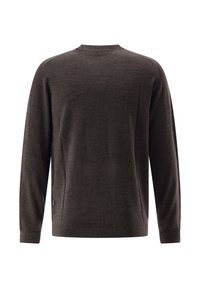 Dunkelbrauner Pullover mit langen Ärmeln, geripptem Rundhalsausschnitt und seitlichem Schlitz. Weicher Stoff mit minimalen Details und einem kleinen Markenschild an der Seite.