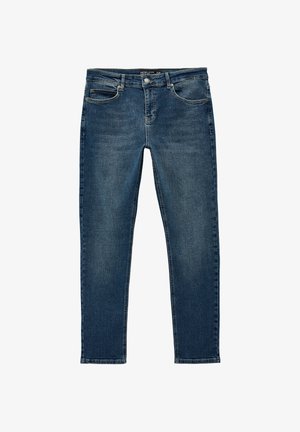 Donkere spijkerbroek van denim met een licht vervaagde afwerking. Voorzien van vijf zakken, lussen voor een riem en een ritssluiting met knoop.