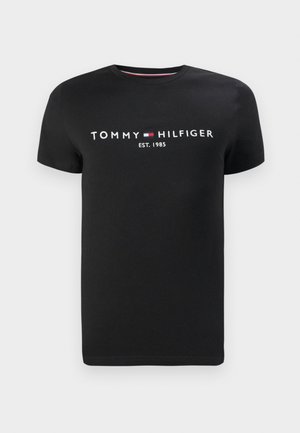 Black cotton T-shirt featuring a crew neckline, short sleeves, and white "TOMMY HILFIGER" logo with the year established (1985) below it.