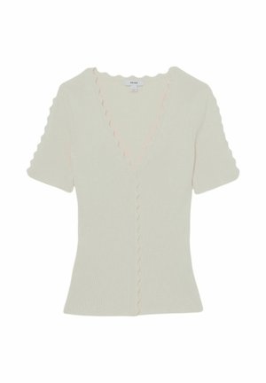 Kremowy prążkowany krótki kardigan z krótkim rękawem, z falistymi krawędziami wokół dekoltu w kształcie litery V, zapinany na guziki, wykończony na rękawach i dole.