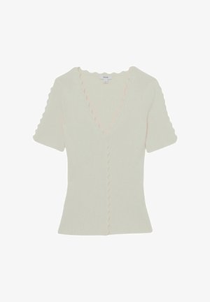 Kreminės spalvos trumpomis rankovėmis korsetas su raišteliais, su banguotomis kraštelėmis ties V formos iškirpte, sagų eilute, rankovėmis ir apačia.