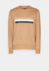 Felpa marrone con colletto tondo e maniche lunghe. La parte anteriore presenta un design orizzontale con righe bianche e nere. Tessuto morbido.