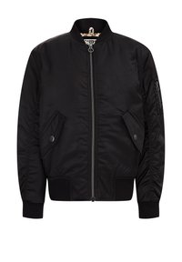 Black bomber jacket with front zipper, two flap pockets with buttons, ribbed collar, cuffs, hem, and a zippered sleeve pocket.