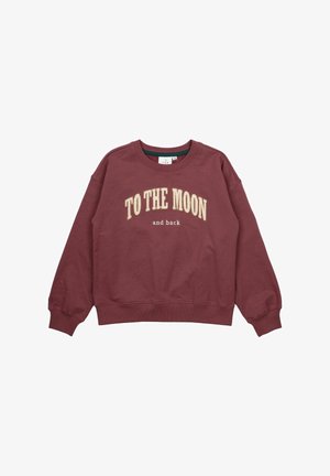 Bordo sweatshirt z ribanim ovratnikom, spuščena ramena in vezen napis "DO LUNE" v bež barvi, z "in nazaj" spodaj v manjšem tisku.