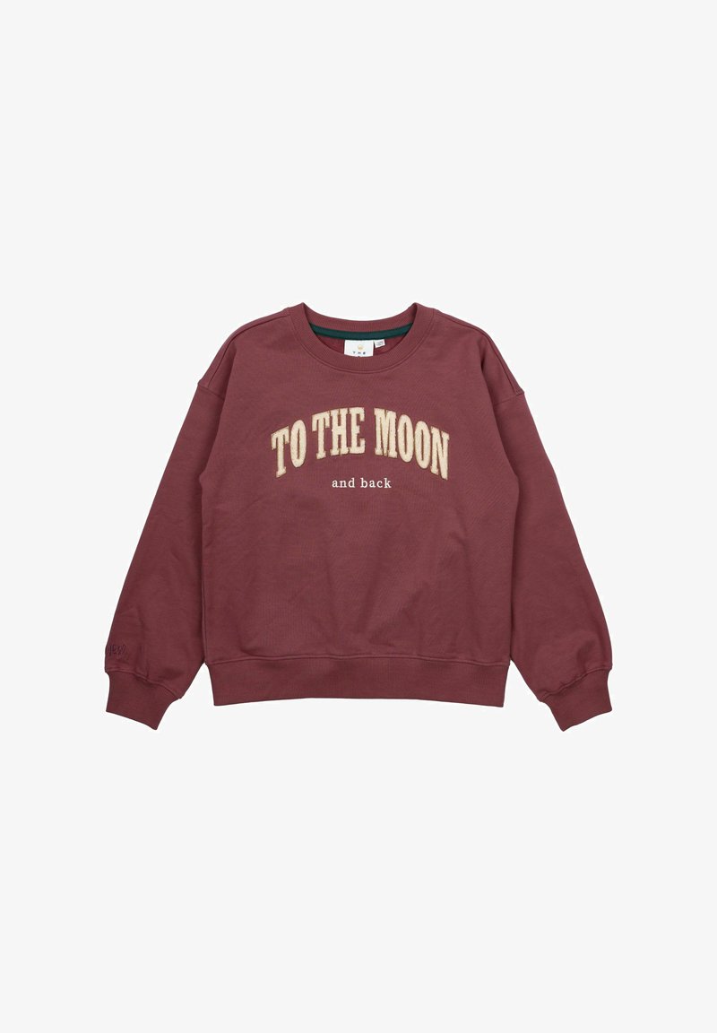 Felpa bordeaux con Collo a girocollo a coste, spalle cadenti e testo ricamato "VERSO LA LUNA" in beige, con "e ritorno" sotto in un font più piccolo.