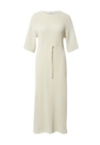 Häkelmaxikleid in Creme mit kurzen Ärmeln, rundem Ausschnitt, strukturiertem Stoff mit gemustertem Finish und Taillengürtel.