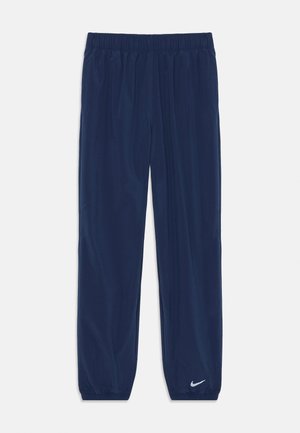 Marineblaue Sporthosen aus glattem Material, mit einem elastischen Bund und einem weißen Nike-Logo am unteren linken Bein.