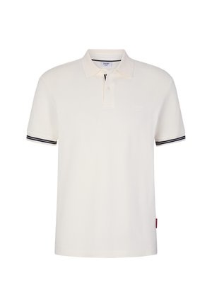 Witte polo met een structuurstof, twee knopen bij de hals en contrasterende zwarte strepen op de mouwen. Voorzien van een discreet logo op de borst.