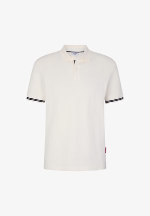 Witte polo met een structuurstof, twee knopen bij de hals en contrasterende zwarte strepen op de mouwen. Voorzien van een discreet logo op de borst.