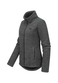 Giaccone in pile grigio con colletto alto, zip frontale e tasche laterali. Tessuto con trama e vestibilità leggermente ampia con orlo curvo.