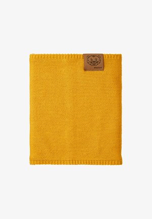 Knitted yellow neck warmer with a textured pattern. Features a brown leather tag with a bear face design.