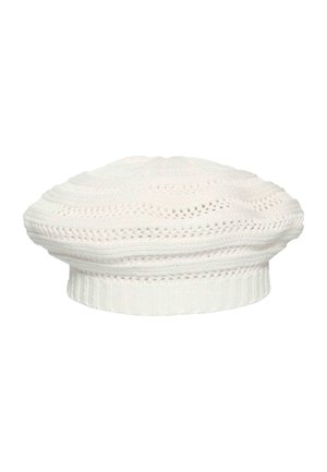White knitted beret with a ribbed band and openwork pattern, round and flat on top, designed for headwear.