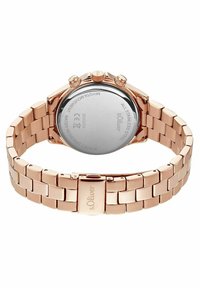 Roségoldfarbene Edelstahl-Uhr mit polierter Oberfläche, verlinktem Armband, runder Gehäuseform, zwei Druckknöpfen und einer glatten Lünette.