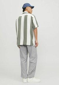 Stribet kortærmet skjorte i grøn og hvid, parret med lysegrå bukser. Hvide sneakers med subtile design detaljer synlige. Blå kasket på.