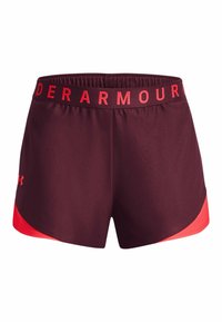 Bordó sportovní šortky s červenými akcenty, elastickým pasem s logem "UNDER ARMOUR" a hladkým, lehkým materiálem.