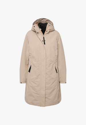 Béžový voděodolný kabát s kapucí, se zipem vpředu, patkami na cvoky, černými akcenty a dvěma bočními kapsami. Hladká textura, délka po kolena.