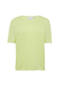 Camiseta de manga corta de color amarillo claro, fabricada con un tejido suave, que presenta un escote redondo y un corte holgado. Etiqueta visible en el cuello.