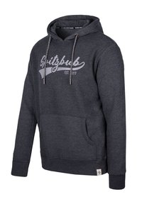 Felpa con cappuccio grigio scuro, dotata di tasca frontale, cappuccio con cordoncini decorati e logo stampato sul petto. Tessuto morbido e casual.