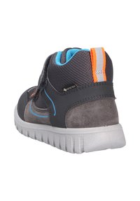 Gray and black sneaker with a soft suede and textile upper, blue accents, orange and gray striped heel tab, Velcro strap, and rubber sole.