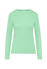 Chemise à manches longues en vert menthe, en tissu côtelé. Possède un col rond et une silhouette ajustée. Texture lisse, sans motifs ni accents.